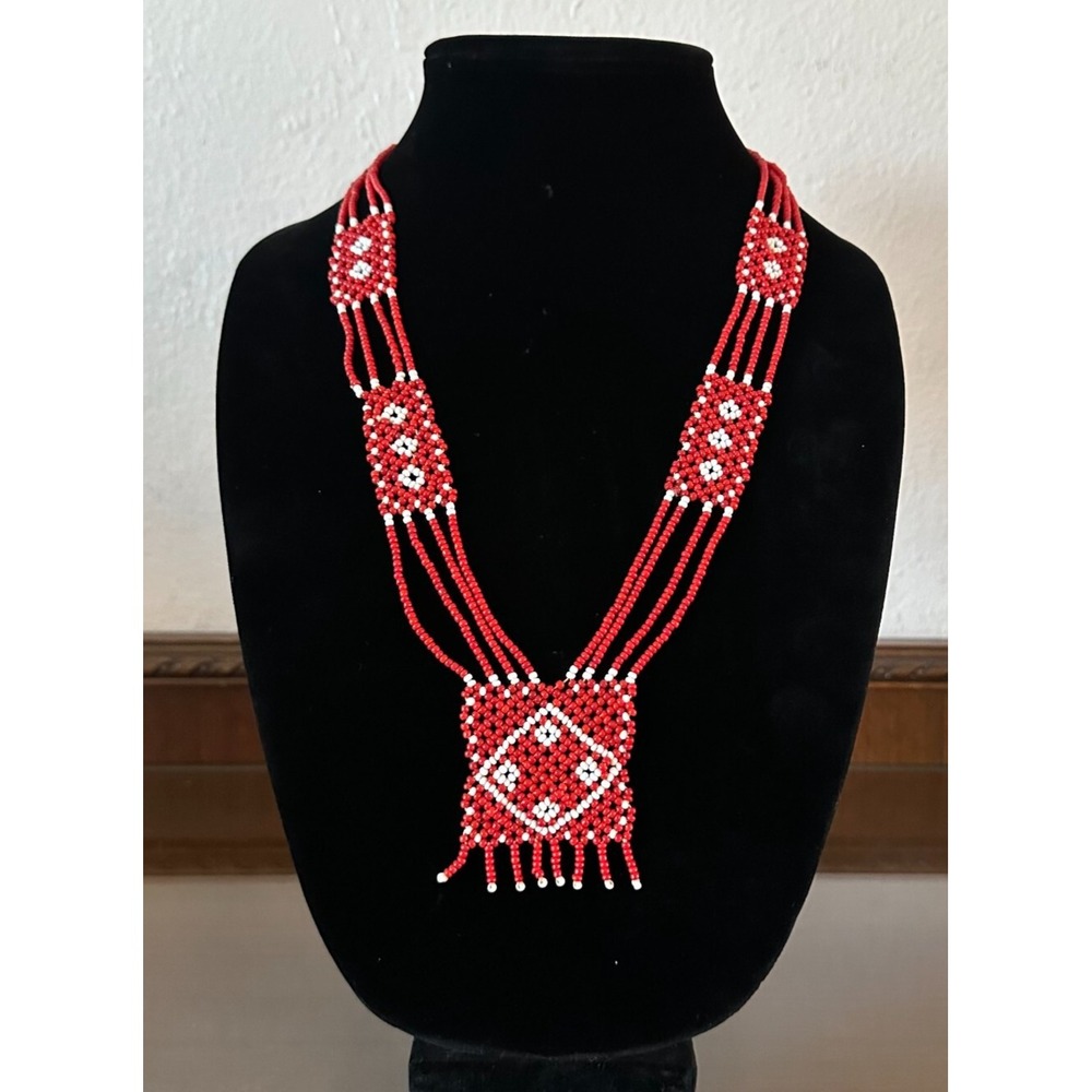 Native American 4 Strand‎ Red Seed Art Beadwork Necklace Fringe Seed Beads 14''